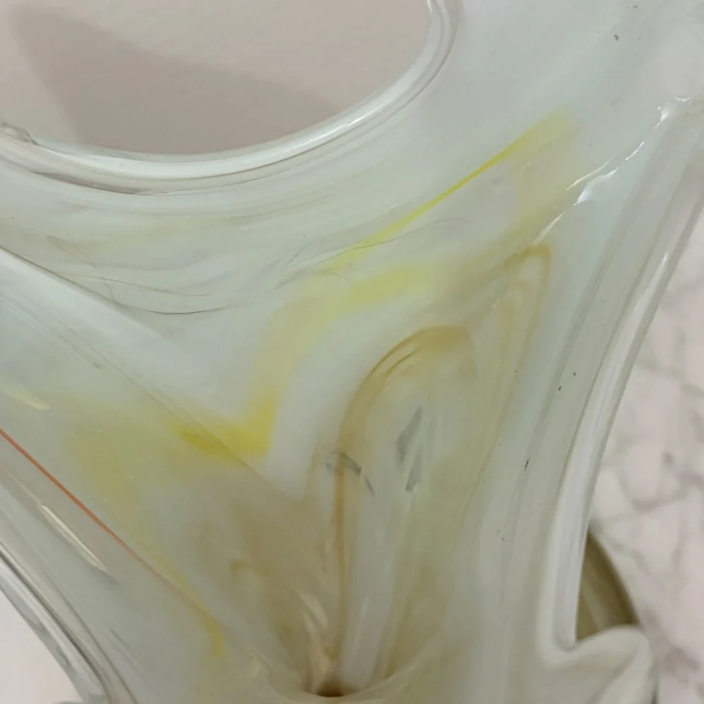 Vintage Murano Style Hand-Blown‎ Art Glass Vase Yellow White Swirl Pattern